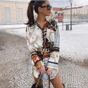 Zara Oversized Zodiac Patchwork Shirt / tunic shirt dress size Large versatile